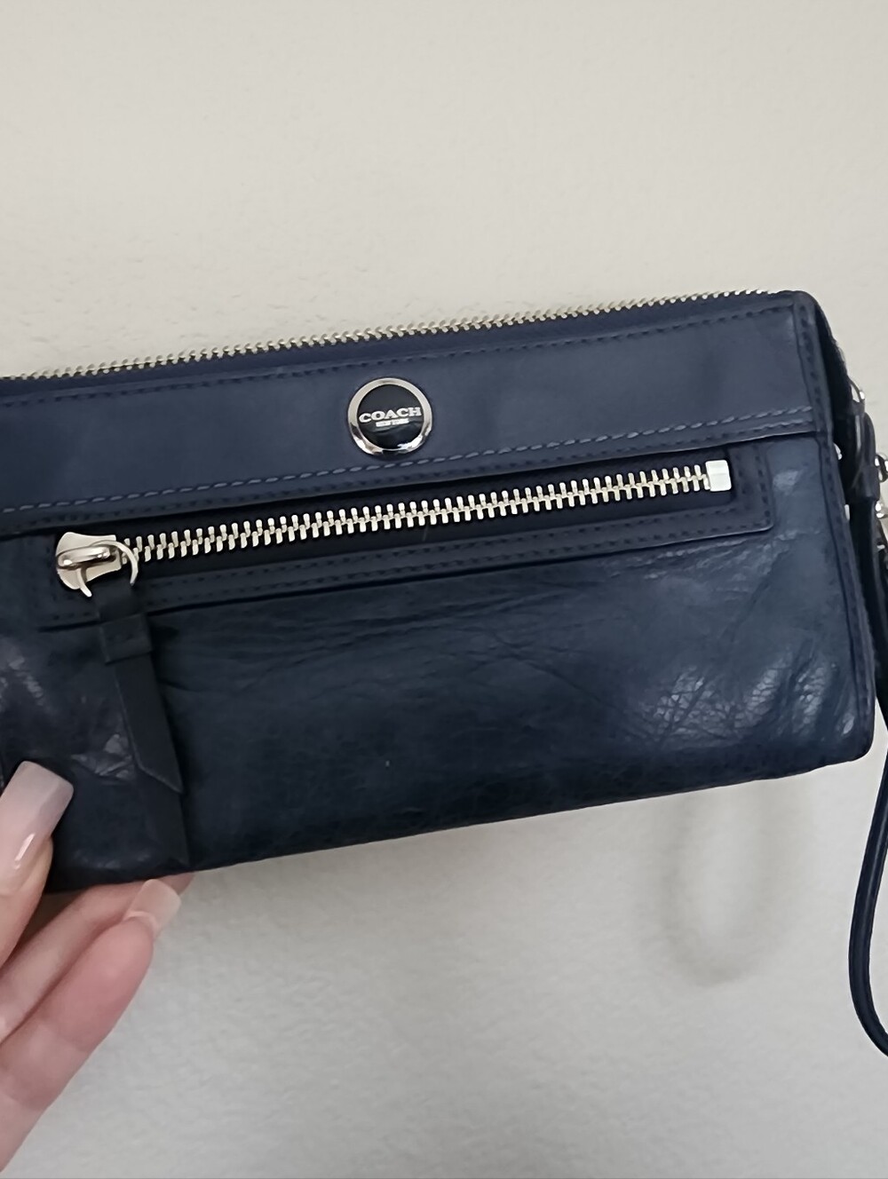 Coach Navy Leather Legacy Wristlet with Silver Hardware